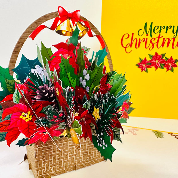 Christmas Poinsettia Flower Basket Origami Pop Cards 3D Pop Up Greeting Card Merry Christmas Thank You Handmade Best Wishes Blank Card Gift Happy Holidays Celebrate the Special Day Moment with Family and Friends