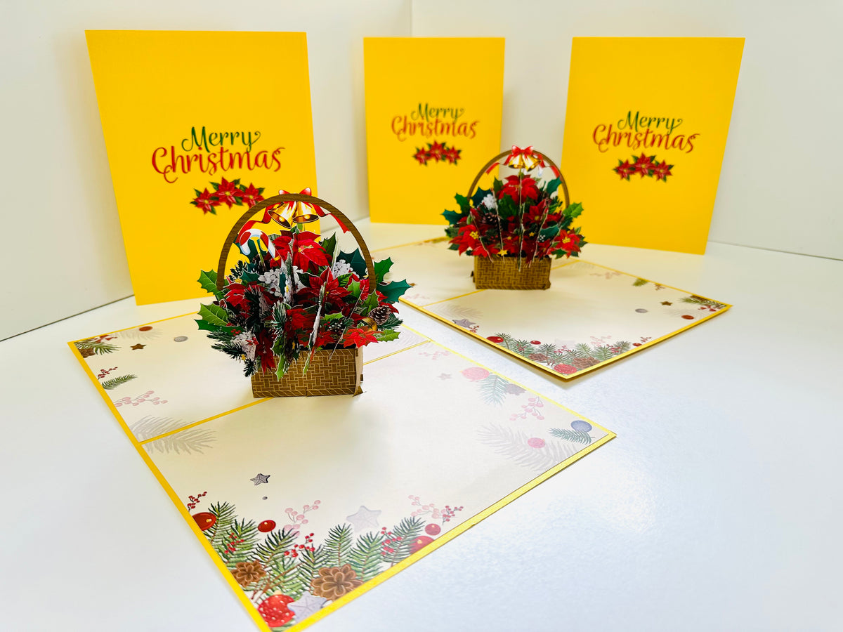 Christmas Poinsettia Flower Basket Origami Pop Cards 3D Pop Up Greeting Card Merry Christmas Thank You Handmade Best Wishes Blank Card Gift Happy Holidays Celebrate the Special Day Moment with Family and Friends