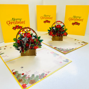 Christmas Poinsettia Flower Basket Origami Pop Cards 3D Pop Up Greeting Card Merry Christmas Thank You Handmade Best Wishes Blank Card Gift Happy Holidays Celebrate the Special Day Moment with Family and Friends