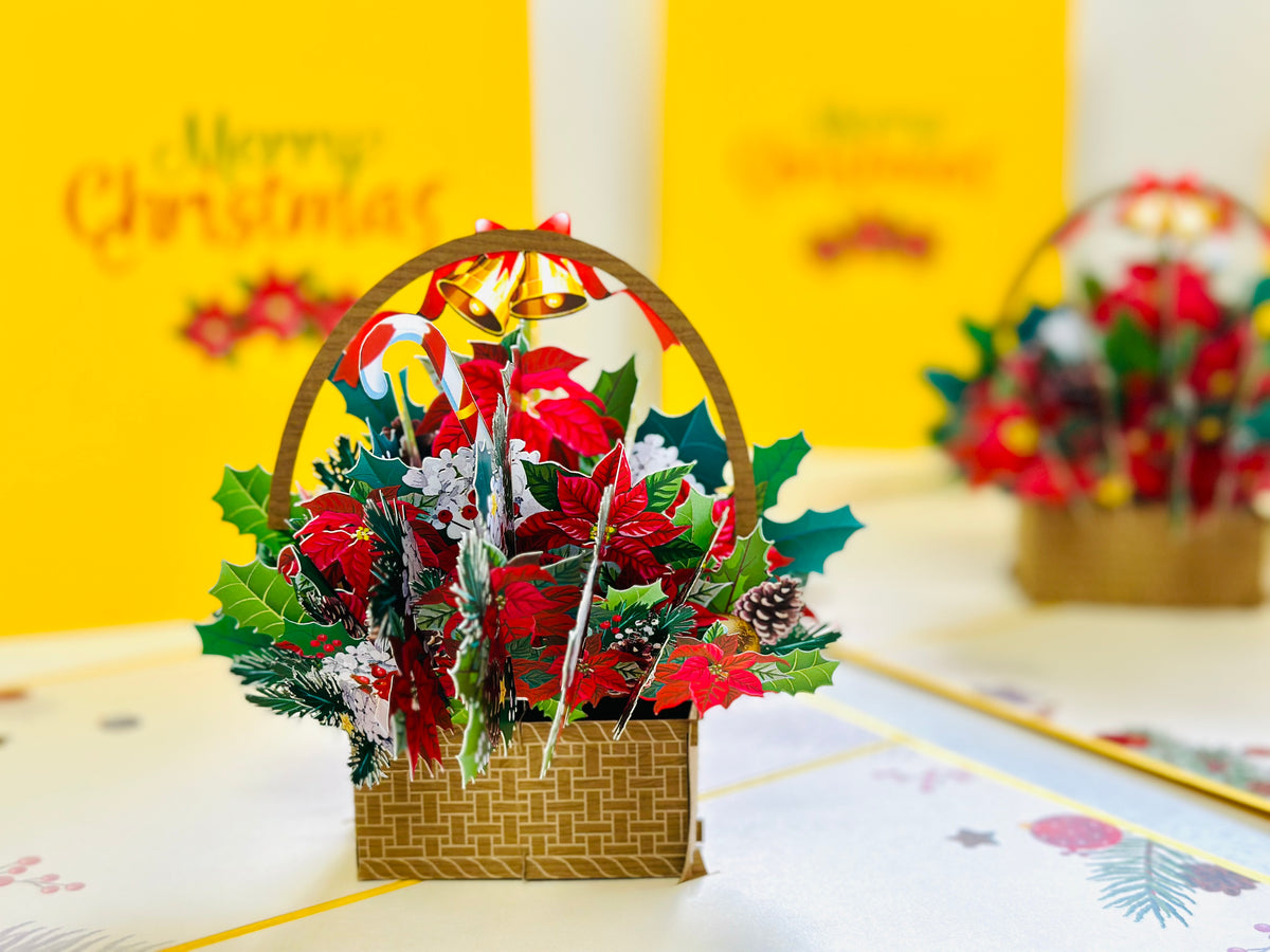Christmas Poinsettia Flower Basket Origami Pop Cards 3D Pop Up Greeting Card Merry Christmas Thank You Handmade Best Wishes Blank Card Gift Happy Holidays Celebrate the Special Day Moment with Family and Friends