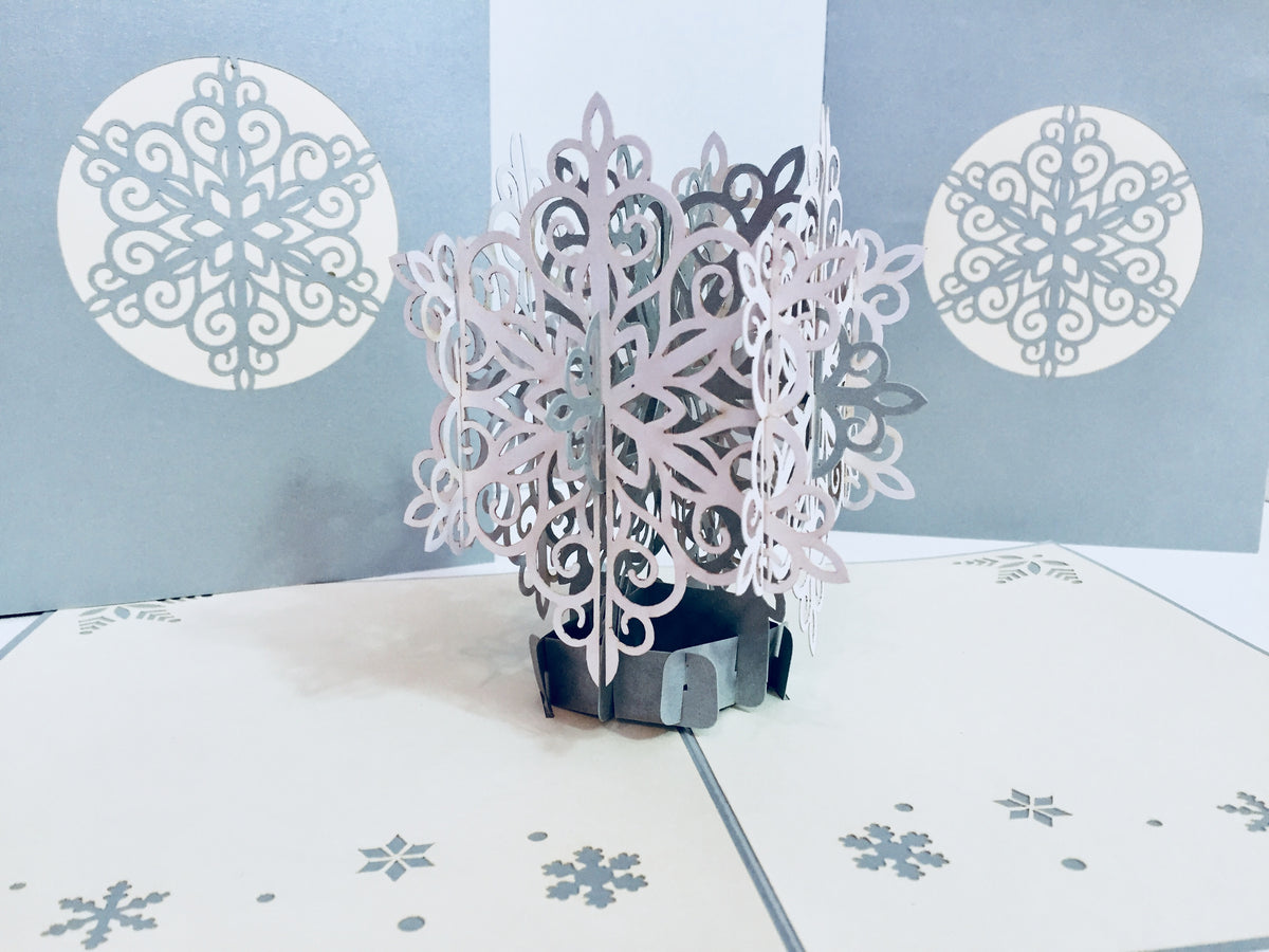 Christmas Snowflake in White & Silver Grey Origami Pop Cards 3D Pop Up Greeting Card Merry Christmas Thank You Handmade Best Wishes Blank Card Gift Happy Holidays Celebrate the Special Day