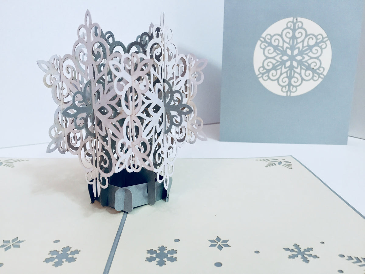 Christmas Snowflake in White & Silver Grey Origami Pop Cards 3D Pop Up Greeting Card Merry Christmas Thank You Handmade Best Wishes Blank Card Gift Happy Holidays Celebrate the Special Day