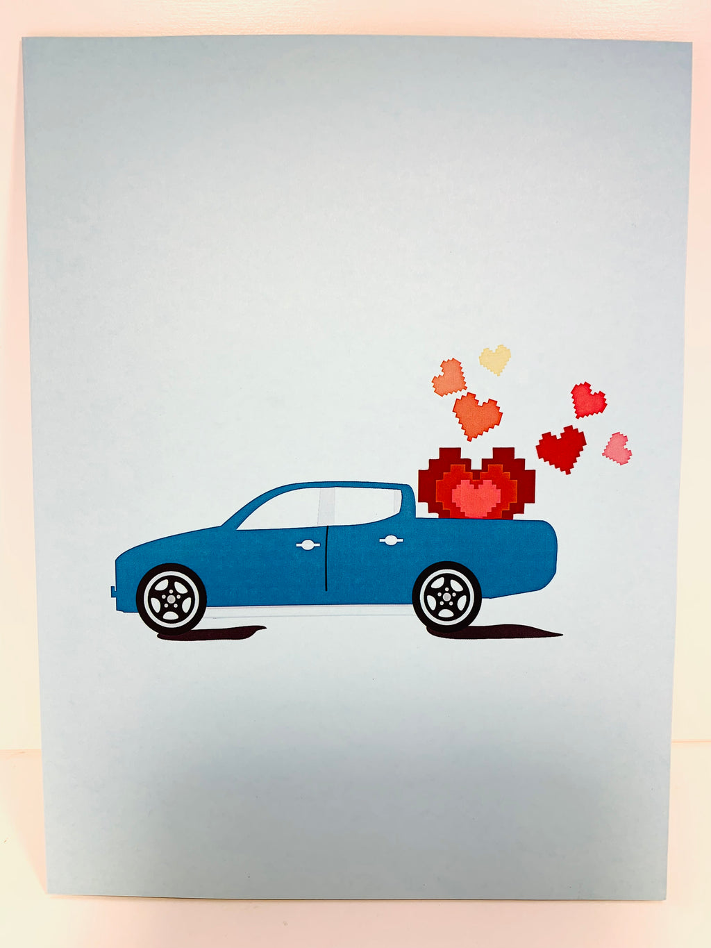 Classic Blue Vintage Car with Red Pop Up Love Hearts 3D POP UP GREETING CARD - Created by Origami Pop Cards Australian Design & Handmade 3D Pop Up Magical Paper Cards, Handmade Pop Up Cards Happy Valentine's Day Celebrate Love Heart Fell and Romantic