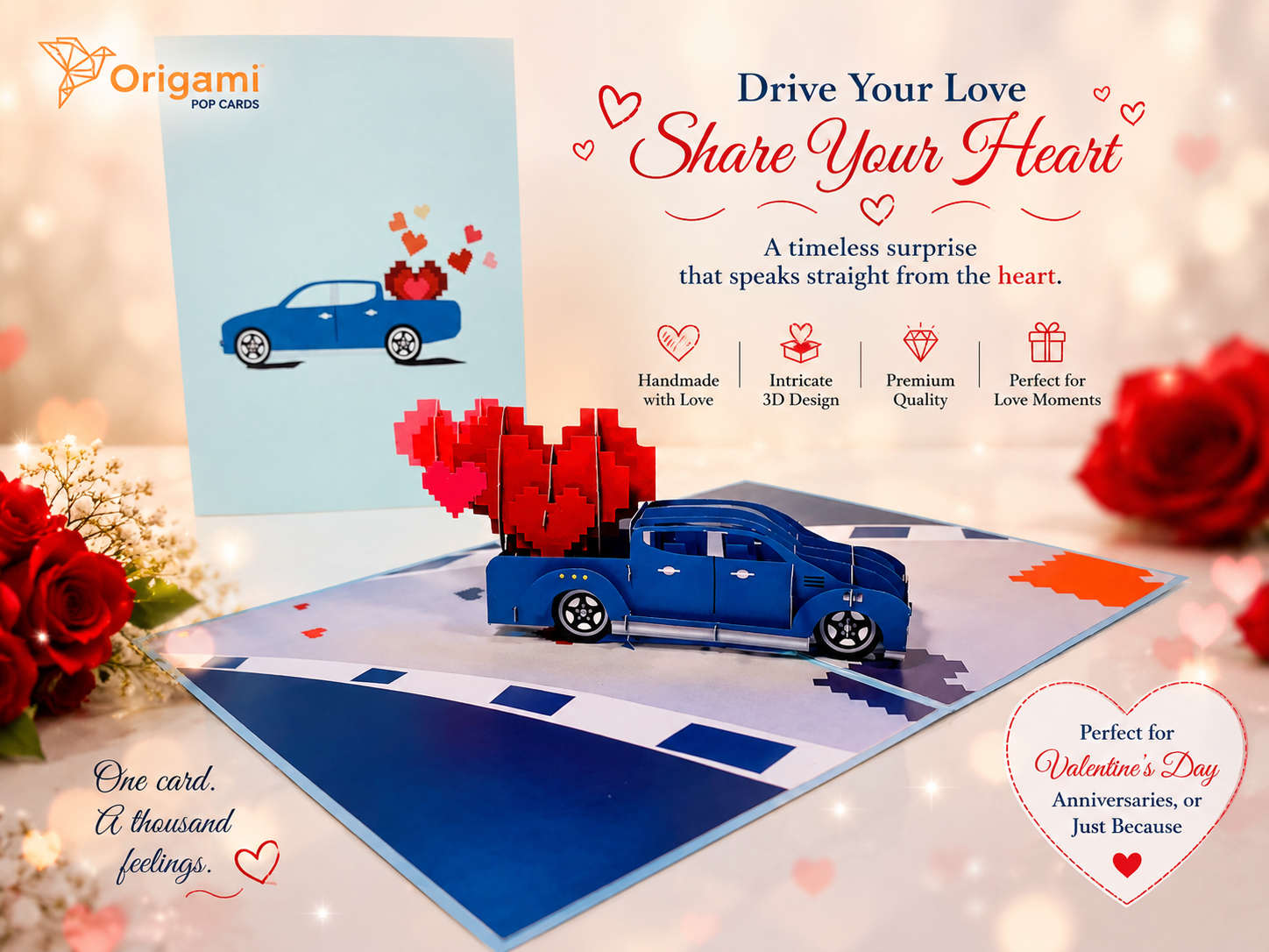 Classic Blue Vintage Car with Red Pop Up Love Hearts 3D POP UP GREETING CARD - Created by Origami Pop Cards Australian Design & Handmade 3D Pop Up Magical Paper Cards, Handmade Pop Up Cards Happy Valentine's Day Celebrate Love Heart Fell and Romantic