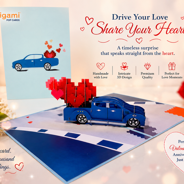 Classic Blue Vintage Car with Red Pop Up Love Hearts 3D POP UP GREETING CARD - Created by Origami Pop Cards Australian Design & Handmade 3D Pop Up Magical Paper Cards, Handmade Pop Up Cards Happy Valentine's Day Celebrate Love Heart Fell and Romantic