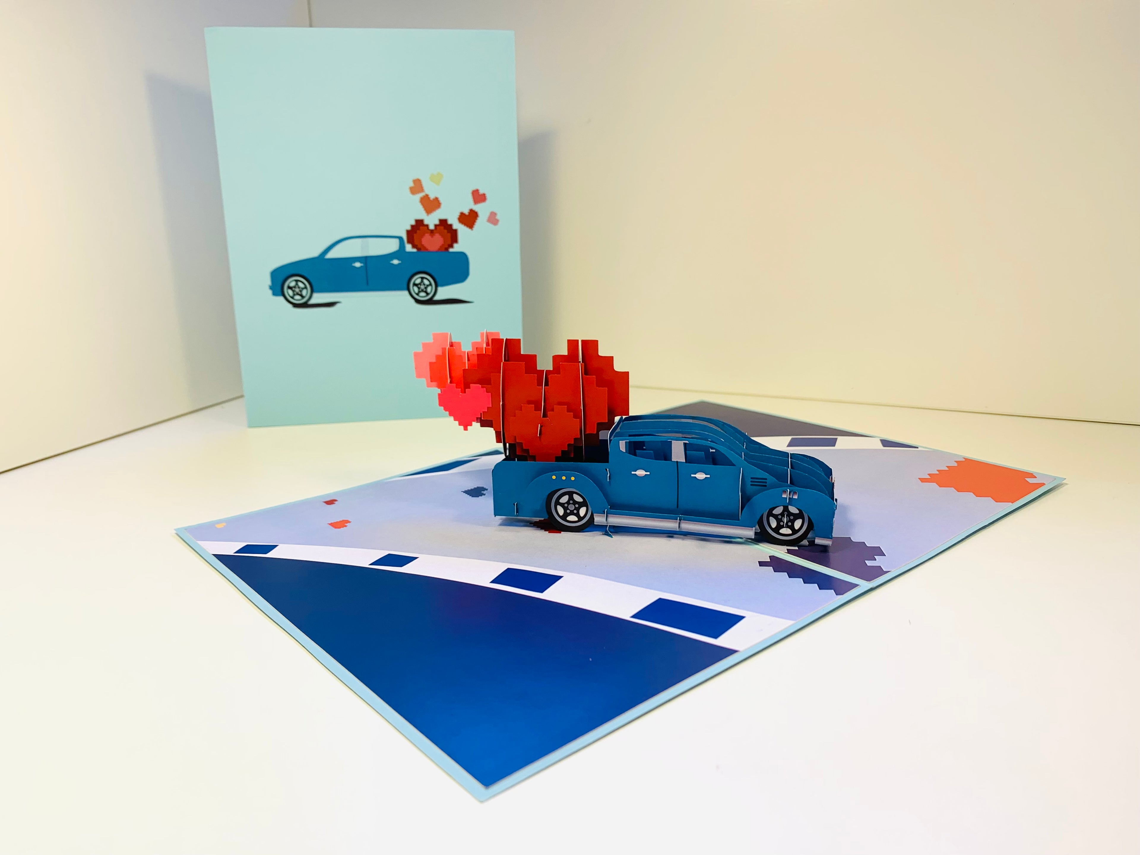 Classic Blue Vintage Car with Red Pop Up Love Hearts 3D POP UP GREETING CARD - Created by Origami Pop Cards Australian Design & Handmade 3D Pop Up Magical Paper Cards, Handmade Pop Up Cards Happy Valentine's Day Celebrate Love Heart Fell and Romantic