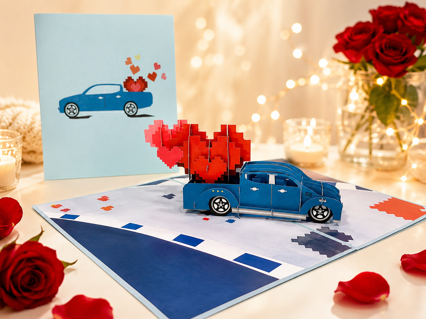 Classic Blue Vintage Car with Red Pop Up Love Hearts 3D POP UP GREETING CARD - Created by Origami Pop Cards Australian Design & Handmade 3D Pop Up Magical Paper Cards, Handmade Pop Up Cards Happy Valentine's Day Celebrate Love Heart Fell and Romantic
