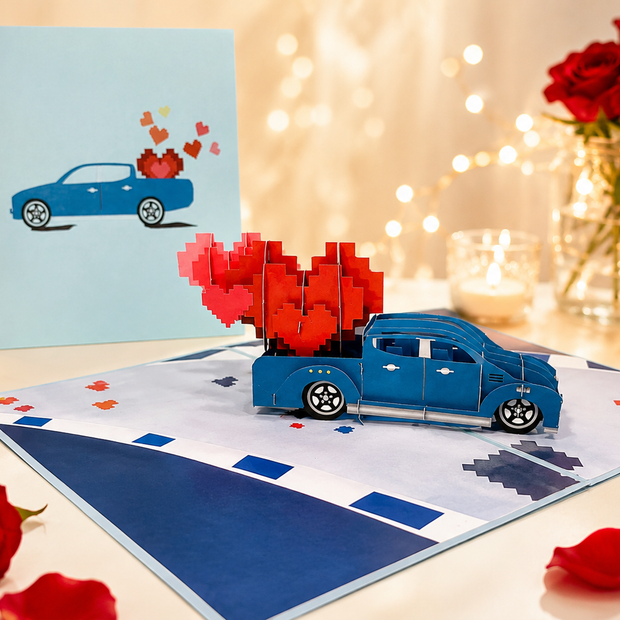 Classic Blue Vintage Car with Red Pop Up Love Hearts 3D POP UP GREETING CARD - Created by Origami Pop Cards Australian Design & Handmade 3D Pop Up Magical Paper Cards, Handmade Pop Up Cards Happy Valentine's Day Celebrate Love Heart Fell and Romantic
