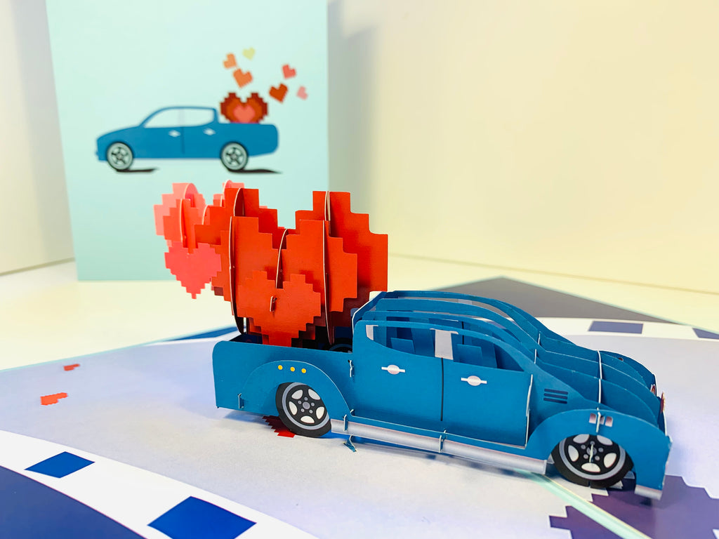 Classic Blue Vintage Car with Red Pop Up Love Hearts 3D POP UP GREETING CARD - Created by Origami Pop Cards Australian Design & Handmade 3D Pop Up Magical Paper Cards, Handmade Pop Up Cards Happy Valentine's Day Celebrate Love Heart Fell and Romantic