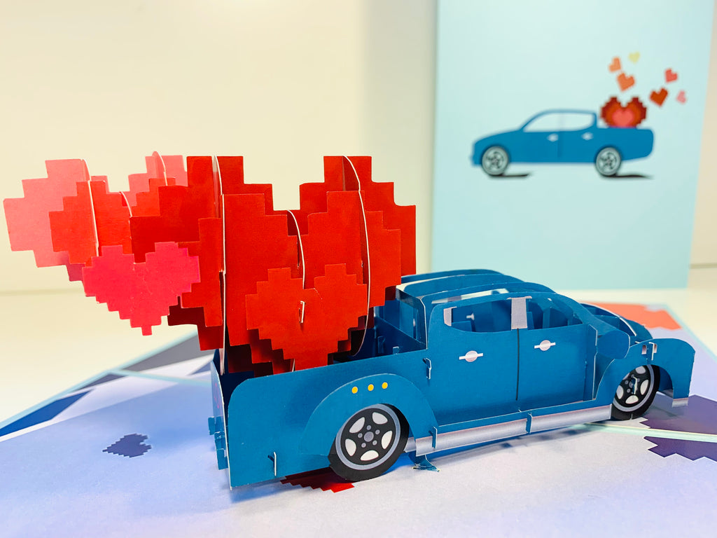 Classic Blue Vintage Car with Red Pop Up Love Hearts 3D POP UP GREETING CARD - Created by Origami Pop Cards Australian Design & Handmade 3D Pop Up Magical Paper Cards, Handmade Pop Up Cards Happy Valentine's Day Celebrate Love Heart Fell and Romantic