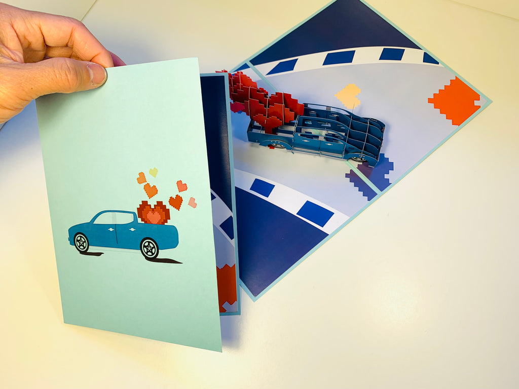 Classic Blue Vintage Car with Red Pop Up Love Hearts 3D POP UP GREETING CARD - Created by Origami Pop Cards Australian Design & Handmade 3D Pop Up Magical Paper Cards, Handmade Pop Up Cards Happy Valentine's Day Celebrate Love Heart Fell and Romantic