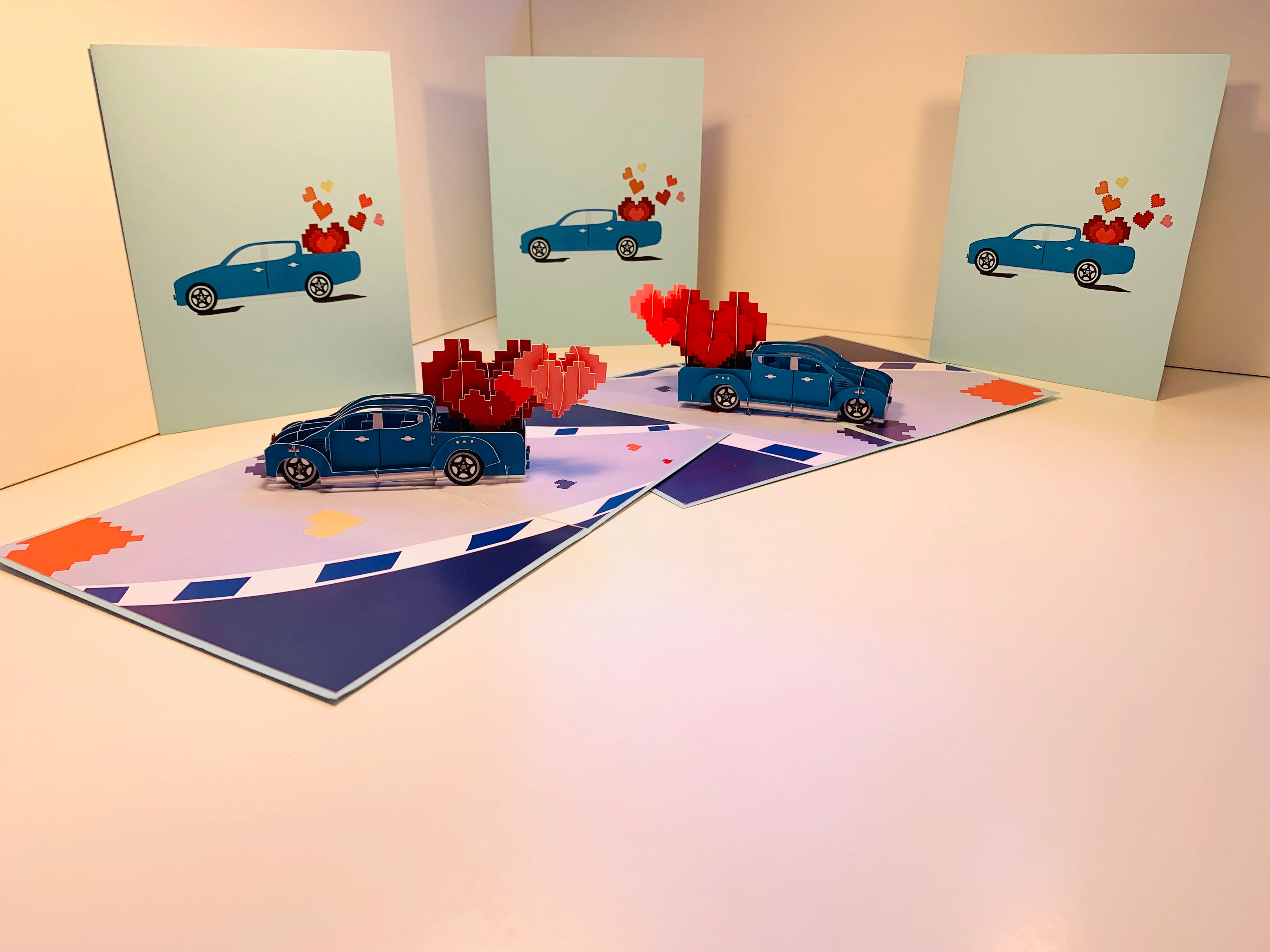 Classic Blue Vintage Car with Red Pop Up Love Hearts 3D POP UP GREETING CARD - Created by Origami Pop Cards Australian Design & Handmade 3D Pop Up Magical Paper Cards, Handmade Pop Up Cards Happy Valentine's Day Celebrate Love Heart Fell and Romantic