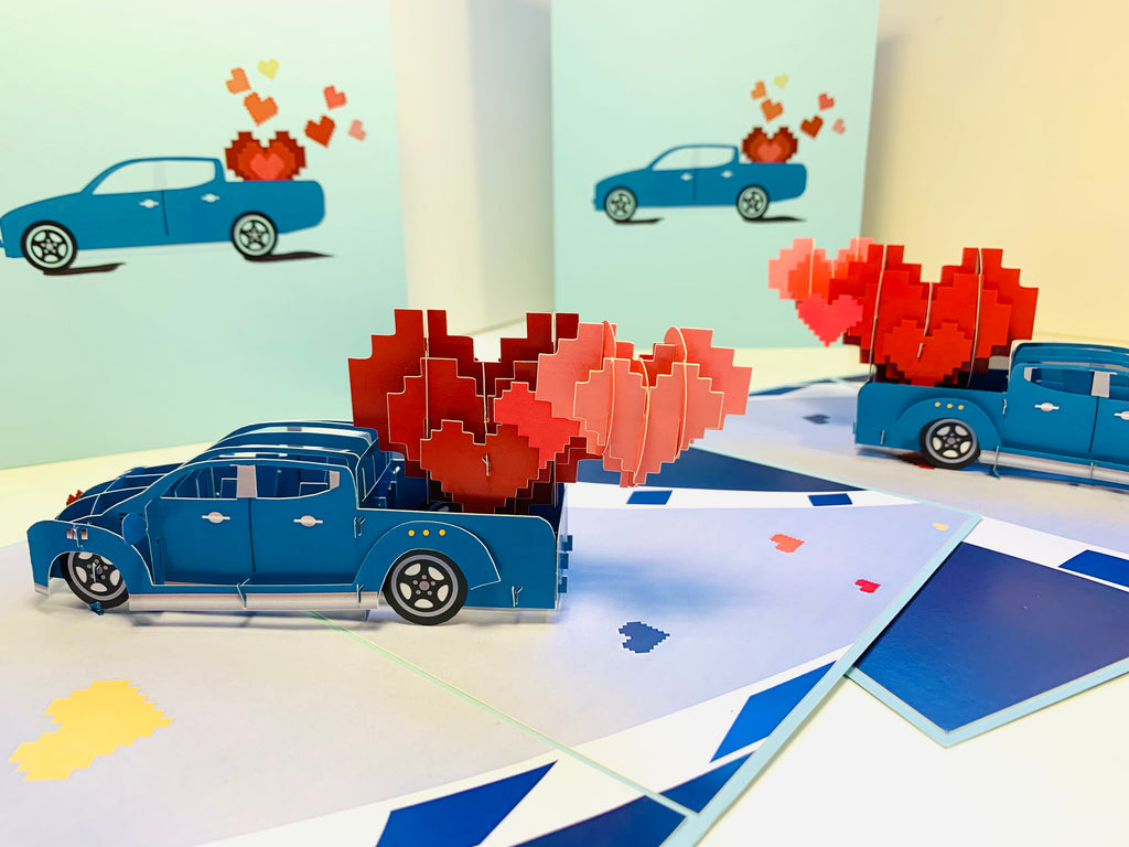 Classic Blue Vintage Car with Red Pop Up Love Hearts 3D POP UP GREETING CARD - Created by Origami Pop Cards Australian Design & Handmade 3D Pop Up Magical Paper Cards, Handmade Pop Up Cards Happy Valentine's Day Celebrate Love Heart Fell and Romantic