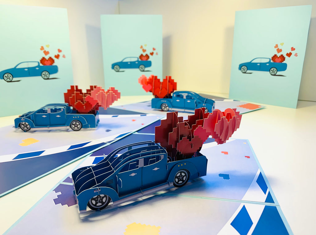 Classic Blue Vintage Car with Red Pop Up Love Hearts 3D POP UP GREETING CARD - Created by Origami Pop Cards Australian Design & Handmade 3D Pop Up Magical Paper Cards, Handmade Pop Up Cards Happy Valentine's Day Celebrate Love Heart Fell and Romantic