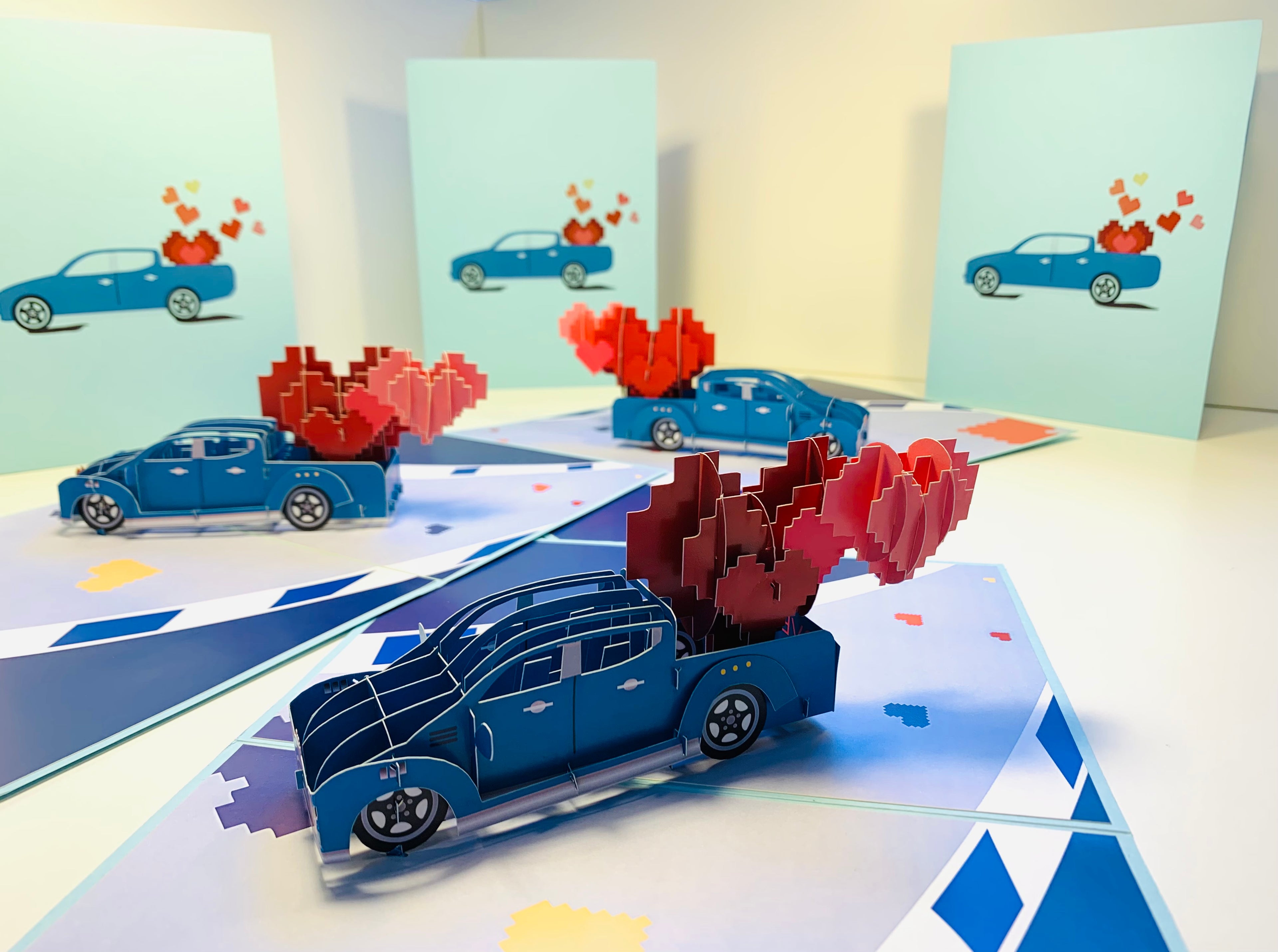 Classic Blue Vintage Car with Red Pop Up Love Hearts 3D POP UP GREETING CARD - Created by Origami Pop Cards Australian Design & Handmade 3D Pop Up Magical Paper Cards, Handmade Pop Up Cards Happy Valentine's Day Celebrate Love Heart Fell and Romantic