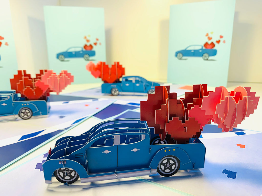 Classic Blue Vintage Car with Red Pop Up Love Hearts 3D POP UP GREETING CARD - Created by Origami Pop Cards Australian Design & Handmade 3D Pop Up Magical Paper Cards, Handmade Pop Up Cards Happy Valentine's Day Celebrate Love Heart Fell and Romantic