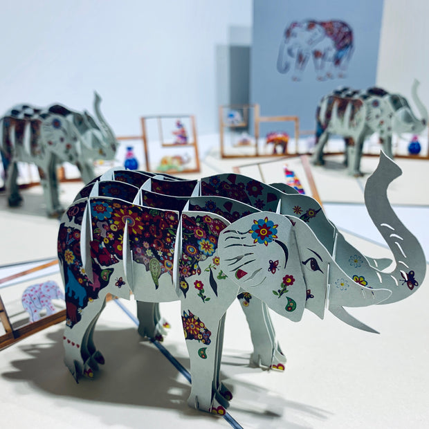 Colourful Hand Painted Elephant Origami Pop Cards 3D Pop Up Greeting Card Thank You Handmade Gift Thinking of You Happy Birthday Occasion Australiana Celebrate the Beauty and Happiness During Special Day Best Wishes Gift