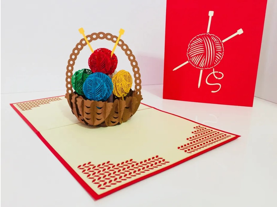 Colourful Knitting Basket in Red Origami Pop Cards 3D Pop Up Greeting Card Thank You Handmade Gift Thinking of You Happy Birthday Occasion Australiana Celebrate the Beauty and Happiness During Special Day Best Wishes Gift