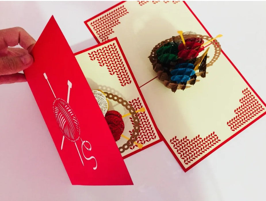 Colourful Knitting Basket in Red Origami Pop Cards 3D Pop Up Greeting Card Thank You Handmade Gift Thinking of You Happy Birthday Occasion Australiana Celebrate the Beauty and Happiness During Special Day Best Wishes Gift