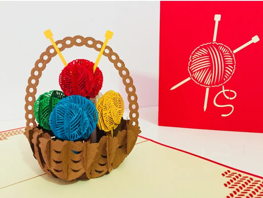 Colourful Knitting Basket in Red Origami Pop Cards 3D Pop Up Greeting Card Thank You Handmade Gift Thinking of You Happy Birthday Occasion Australiana Celebrate the Beauty and Happiness During Special Day Best Wishes Gift