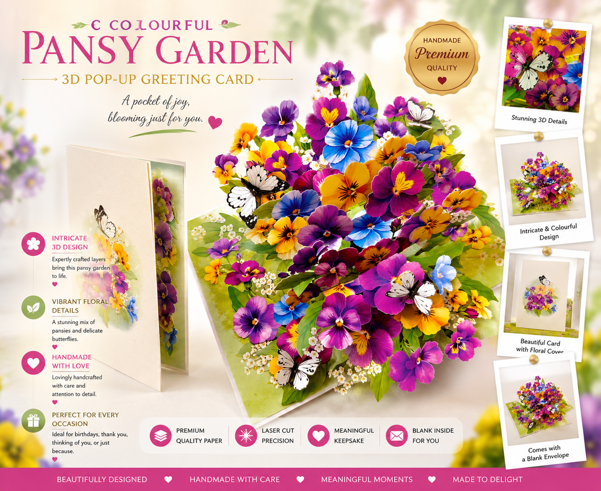 Colourful Pansy Flower Garden with Butterflies Origami Pop Cards 3D Pop Up Greeting Card Happy Birthday Thank You Handmade Gift Thinking of You Blank Card for Any Occasion Happy Mother's Day Happy Father's Australiana Celebrate the Beauty of Autumn Flowe