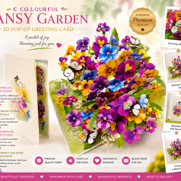 Colourful Pansy Flower Garden with Butterflies Origami Pop Cards 3D Pop Up Greeting Card Happy Birthday Thank You Handmade Gift Thinking of You Blank Card for Any Occasion Happy Mother's Day Happy Father's Australiana Celebrate the Beauty of Autumn Flowe
