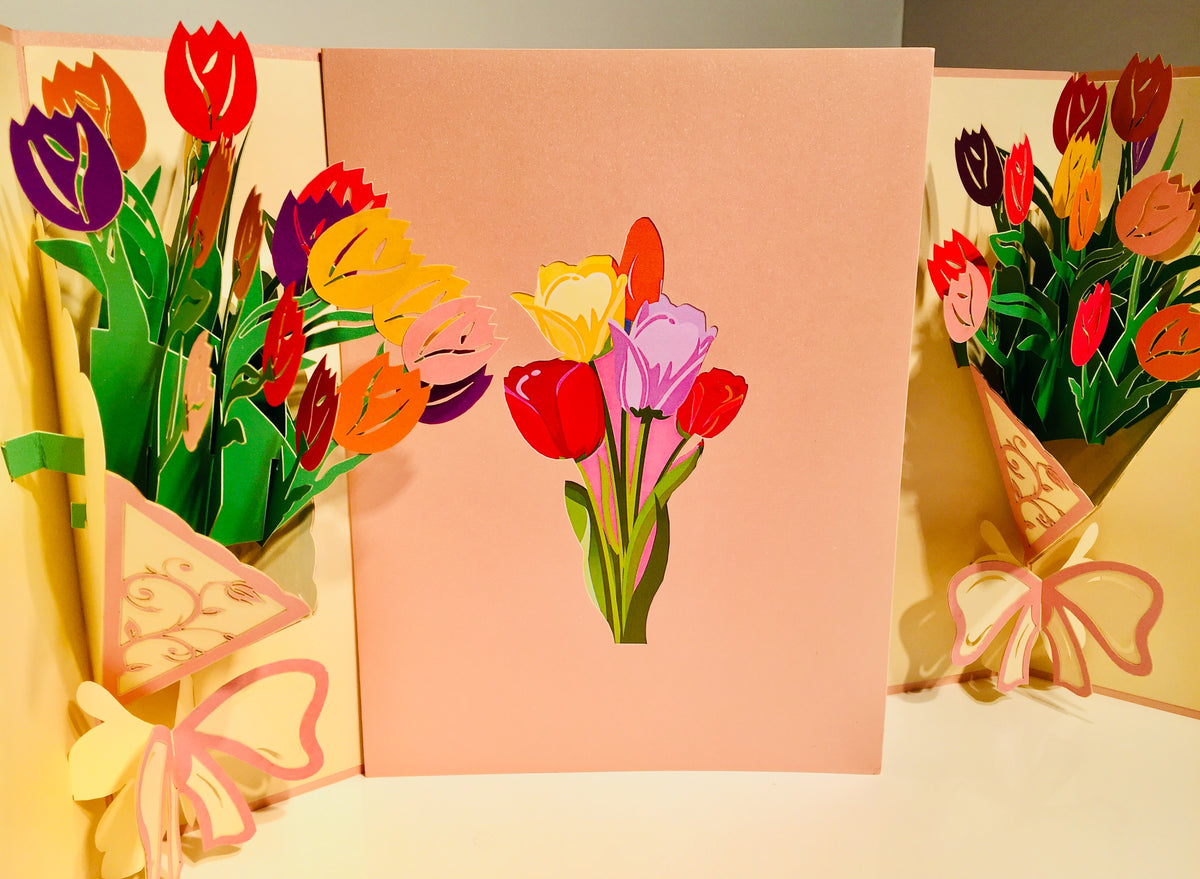 Colourful Tulip Bouquet Wrapped in Pink Ribbon Origami Pop Cards 3D Pop Up Greeting Card Happy Birthday Thank You Handmade Gift Thinking of You Blank Card for Any Occasion Happy Mother's Day Happy Father's Australiana Celebrate and Romantic