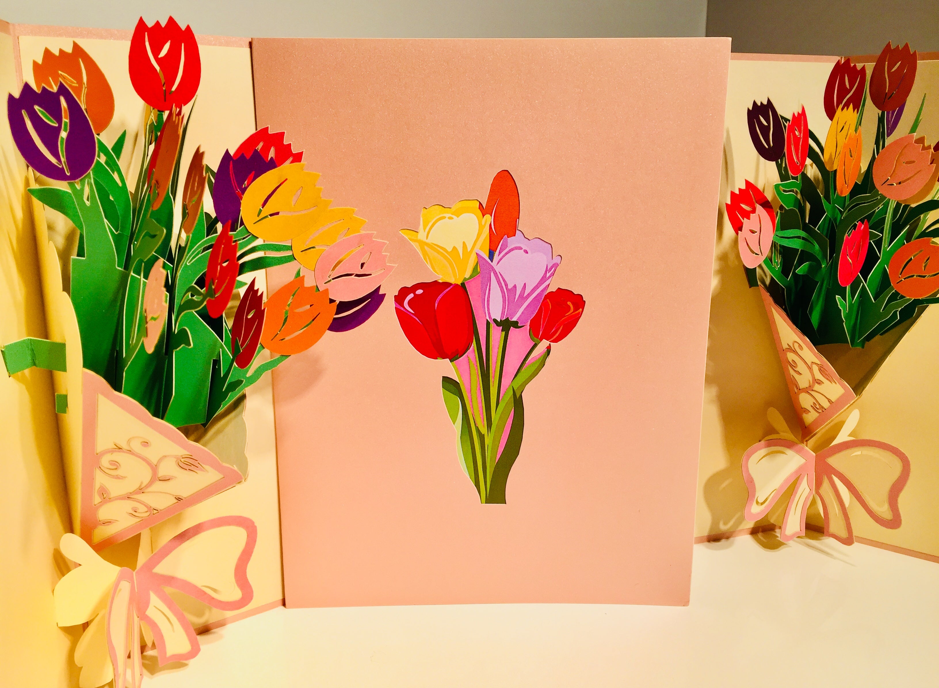 Colourful Tulip Bouquet Wrapped in Pink Ribbon Origami Pop Cards 3D Pop Up Greeting Card Happy Birthday Thank You Handmade Gift Thinking of You Blank Card for Any Occasion Happy Mother's Day Happy Father's Australiana Celebrate and Romantic