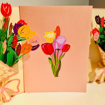 Colourful Tulip Bouquet Wrapped in Pink Ribbon Origami Pop Cards 3D Pop Up Greeting Card Happy Birthday Thank You Handmade Gift Thinking of You Blank Card for Any Occasion Happy Mother's Day Happy Father's Australiana Celebrate and Romantic