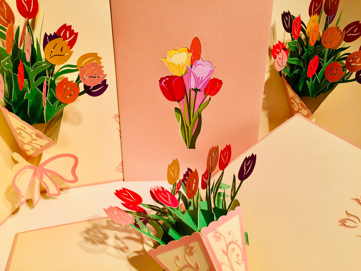 Colourful Tulip Bouquet Wrapped in Pink Ribbon Origami Pop Cards 3D Pop Up Greeting Card Happy Birthday Thank You Handmade Gift Thinking of You Blank Card for Any Occasion Happy Mother's Day Happy Father's Australiana Celebrate and Romantic