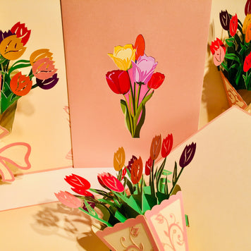 Colourful Tulip Bouquet Wrapped in Pink Ribbon Origami Pop Cards 3D Pop Up Greeting Card Happy Birthday Thank You Handmade Gift Thinking of You Blank Card for Any Occasion Happy Mother's Day Happy Father's Australiana Celebrate and Romantic