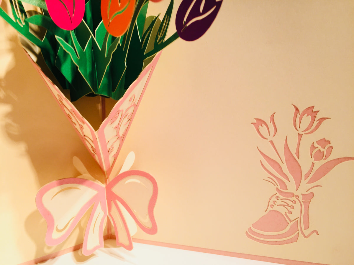 Colourful Tulip Bouquet Wrapped in Pink Ribbon Origami Pop Cards 3D Pop Up Greeting Card Happy Birthday Thank You Handmade Gift Thinking of You Blank Card for Any Occasion Happy Mother's Day Happy Father's Australiana Celebrate and Romantic