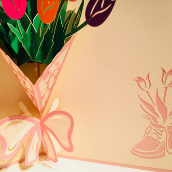 Colourful Tulip Bouquet Wrapped in Pink Ribbon Origami Pop Cards 3D Pop Up Greeting Card Happy Birthday Thank You Handmade Gift Thinking of You Blank Card for Any Occasion Happy Mother's Day Happy Father's Australiana Celebrate and Romantic