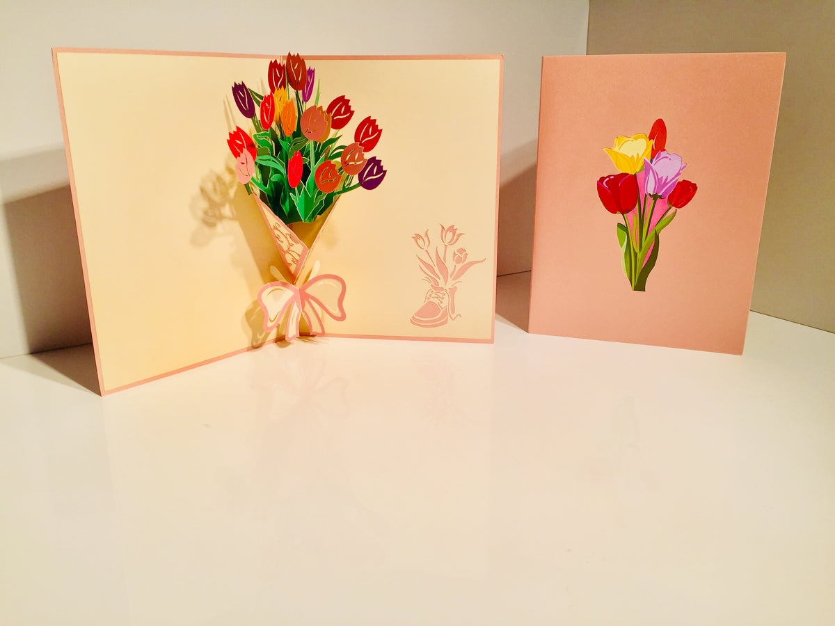 Colourful Tulip Bouquet Wrapped in Pink Ribbon Origami Pop Cards 3D Pop Up Greeting Card Happy Birthday Thank You Handmade Gift Thinking of You Blank Card for Any Occasion Happy Mother's Day Happy Father's Australiana Celebrate and Romantic