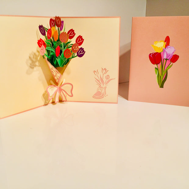 Colourful Tulip Bouquet Wrapped in Pink Ribbon Origami Pop Cards 3D Pop Up Greeting Card Happy Birthday Thank You Handmade Gift Thinking of You Blank Card for Any Occasion Happy Mother's Day Happy Father's Australiana Celebrate and Romantic