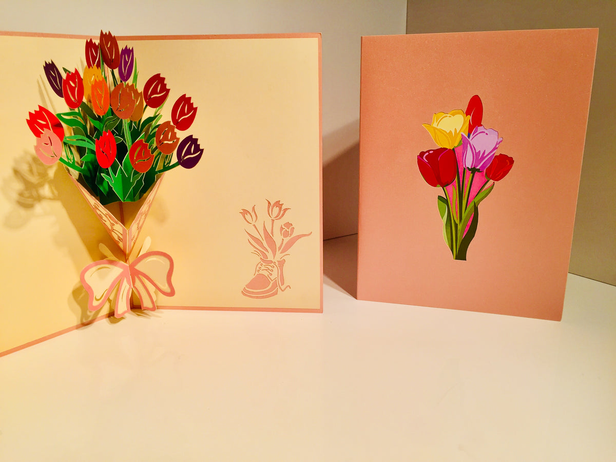 Colourful Tulip Bouquet Wrapped in Pink Ribbon Origami Pop Cards 3D Pop Up Greeting Card Happy Birthday Thank You Handmade Gift Thinking of You Blank Card for Any Occasion Happy Mother's Day Happy Father's Australiana Celebrate and Romantic