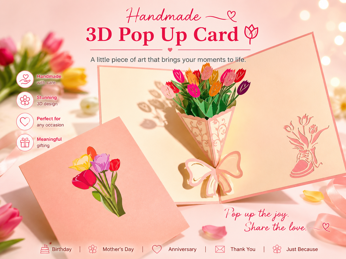 Colourful Tulip Bouquet Wrapped in Pink Ribbon Origami Pop Cards 3D Pop Up Greeting Card Happy Birthday Thank You Handmade Gift Thinking of You Blank Card for Any Occasion Happy Mother's Day Happy Father's Australiana Celebrate and Romantic