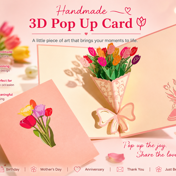 Colourful Tulip Bouquet Wrapped in Pink Ribbon Origami Pop Cards 3D Pop Up Greeting Card Happy Birthday Thank You Handmade Gift Thinking of You Blank Card for Any Occasion Happy Mother's Day Happy Father's Australiana Celebrate and Romantic