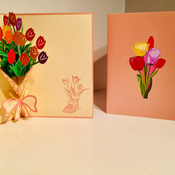 Colourful Tulip Bouquet Wrapped in Pink Ribbon Origami Pop Cards 3D Pop Up Greeting Card Happy Birthday Thank You Handmade Gift Thinking of You Blank Card for Any Occasion Happy Mother's Day Happy Father's Australiana Celebrate and Romantic
