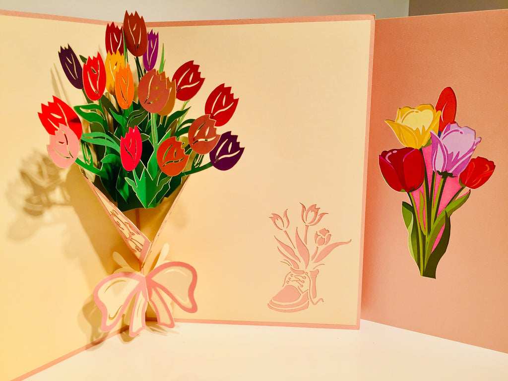 Colourful Tulip Bouquet Wrapped in Pink Ribbon Origami Pop Cards 3D Pop Up Greeting Card Happy Birthday Thank You Handmade Gift Thinking of You Blank Card for Any Occasion Happy Mother's Day Happy Father's Australiana Celebrate and Romantic
