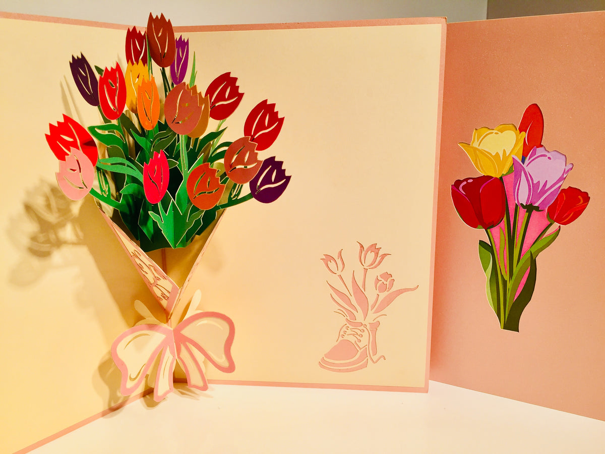 Colourful Tulip Bouquet Wrapped in Pink Ribbon Origami Pop Cards 3D Pop Up Greeting Card Happy Birthday Thank You Handmade Gift Thinking of You Blank Card for Any Occasion Happy Mother's Day Happy Father's Australiana Celebrate and Romantic