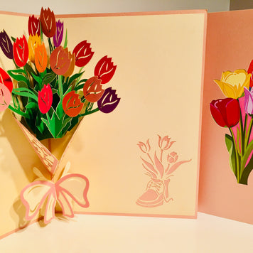 Colourful Tulip Bouquet Wrapped in Pink Ribbon Origami Pop Cards 3D Pop Up Greeting Card Happy Birthday Thank You Handmade Gift Thinking of You Blank Card for Any Occasion Happy Mother's Day Happy Father's Australiana Celebrate and Romantic