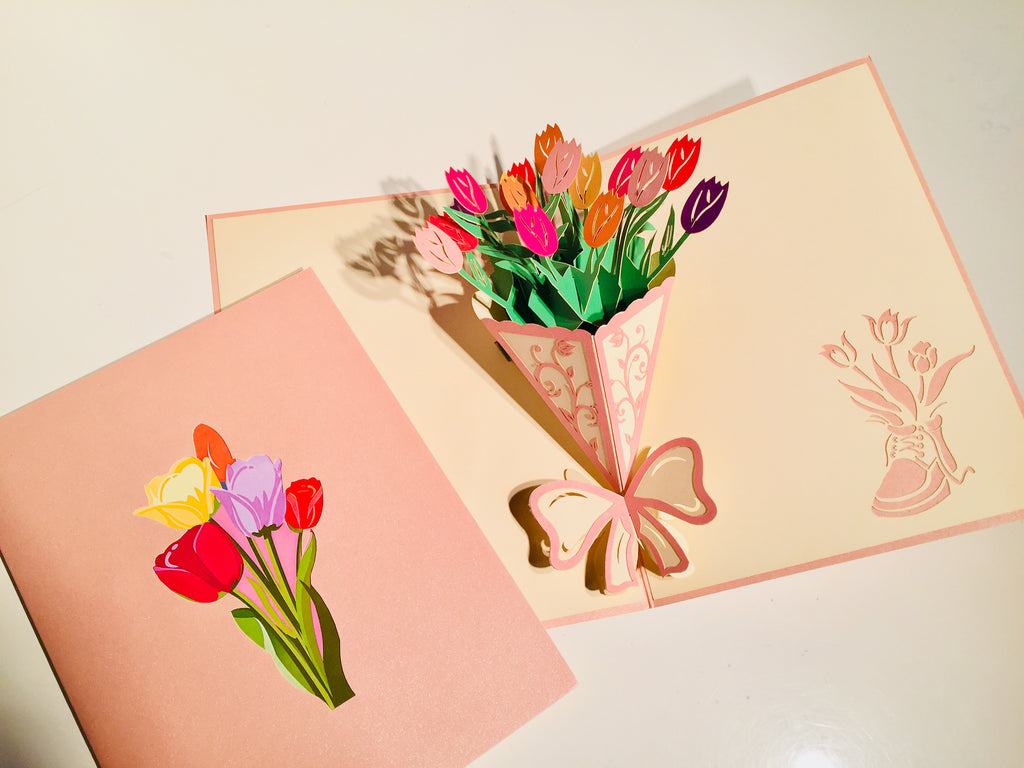 Colourful Tulip Bouquet Wrapped in Pink Ribbon Origami Pop Cards 3D Pop Up Greeting Card Happy Birthday Thank You Handmade Gift Thinking of You Blank Card for Any Occasion Happy Mother's Day Happy Father's Australiana Celebrate and Romantic