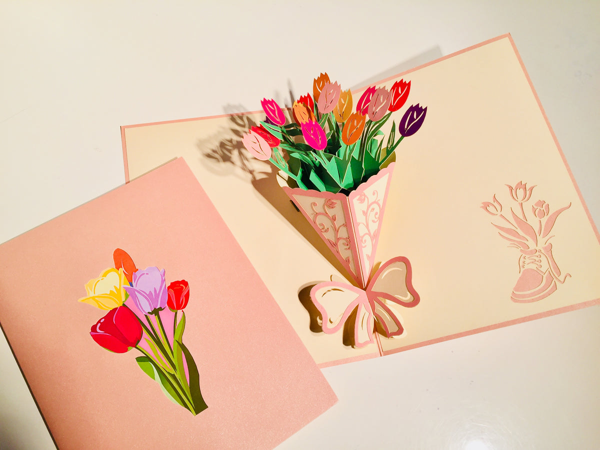 Colourful Tulip Bouquet Wrapped in Pink Ribbon Origami Pop Cards 3D Pop Up Greeting Card Happy Birthday Thank You Handmade Gift Thinking of You Blank Card for Any Occasion Happy Mother's Day Happy Father's Australiana Celebrate and Romantic