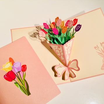 Colourful Tulip Bouquet Wrapped in Pink Ribbon Origami Pop Cards 3D Pop Up Greeting Card Happy Birthday Thank You Handmade Gift Thinking of You Blank Card for Any Occasion Happy Mother's Day Happy Father's Australiana Celebrate and Romantic