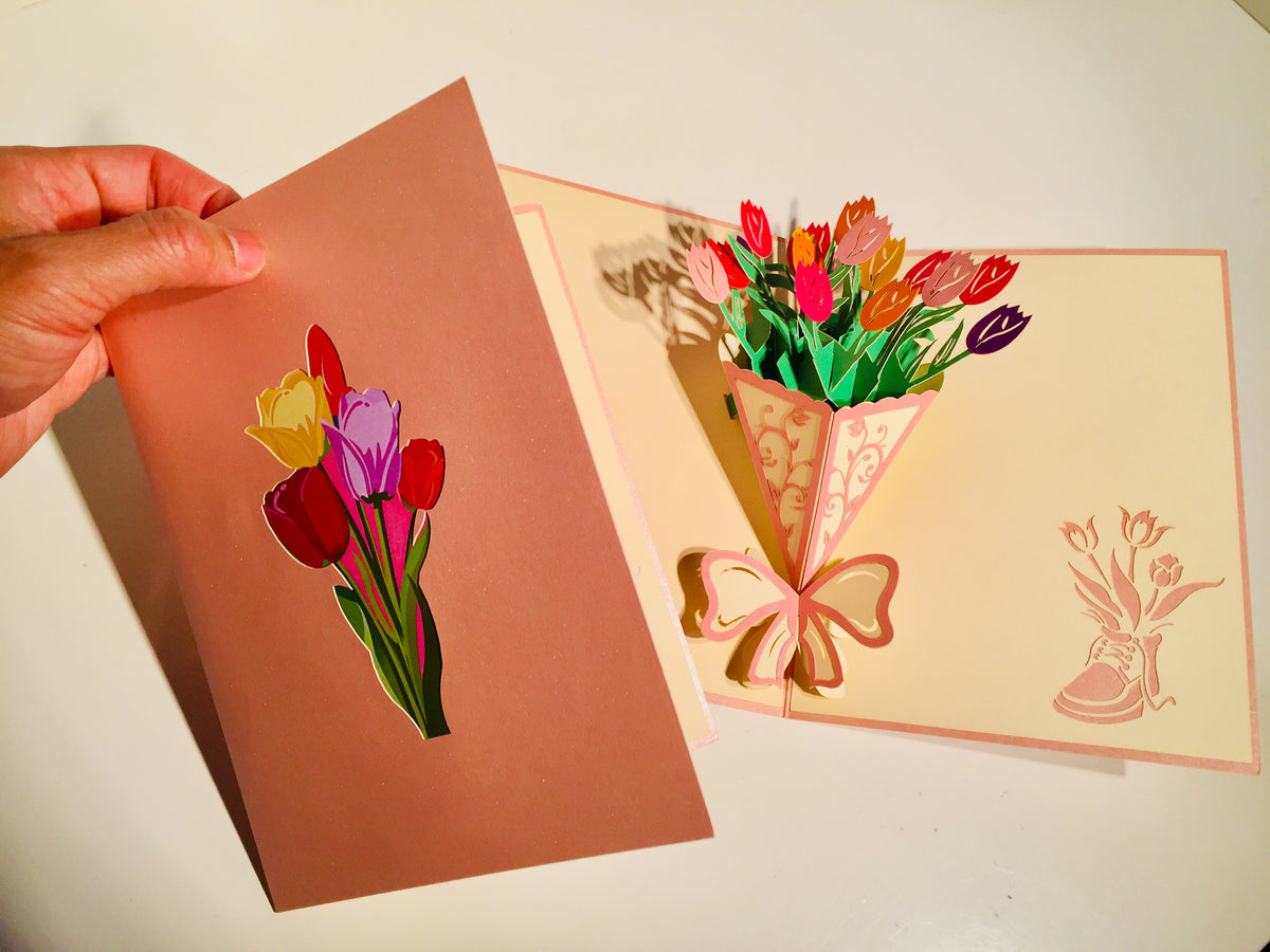Colourful Tulip Bouquet Wrapped in Pink Ribbon Origami Pop Cards 3D Pop Up Greeting Card Happy Birthday Thank You Handmade Gift Thinking of You Blank Card for Any Occasion Happy Mother's Day Happy Father's Australiana Celebrate and Romantic