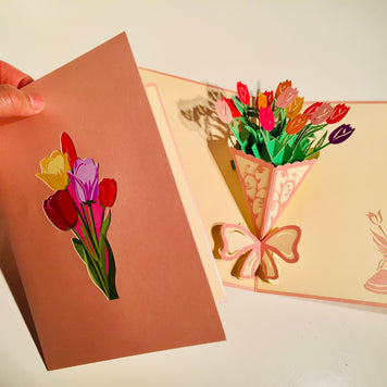 Colourful Tulip Bouquet Wrapped in Pink Ribbon Origami Pop Cards 3D Pop Up Greeting Card Happy Birthday Thank You Handmade Gift Thinking of You Blank Card for Any Occasion Happy Mother's Day Happy Father's Australiana Celebrate and Romantic
