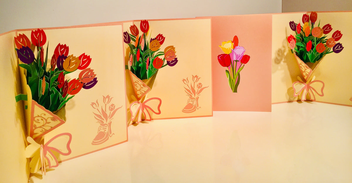 Colourful Tulip Bouquet Wrapped in Pink Ribbon Origami Pop Cards 3D Pop Up Greeting Card Happy Birthday Thank You Handmade Gift Thinking of You Blank Card for Any Occasion Happy Mother's Day Happy Father's Australiana Celebrate and Romantic