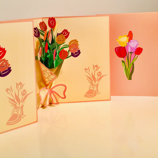 Colourful Tulip Bouquet Wrapped in Pink Ribbon Origami Pop Cards 3D Pop Up Greeting Card Happy Birthday Thank You Handmade Gift Thinking of You Blank Card for Any Occasion Happy Mother's Day Happy Father's Australiana Celebrate and Romantic
