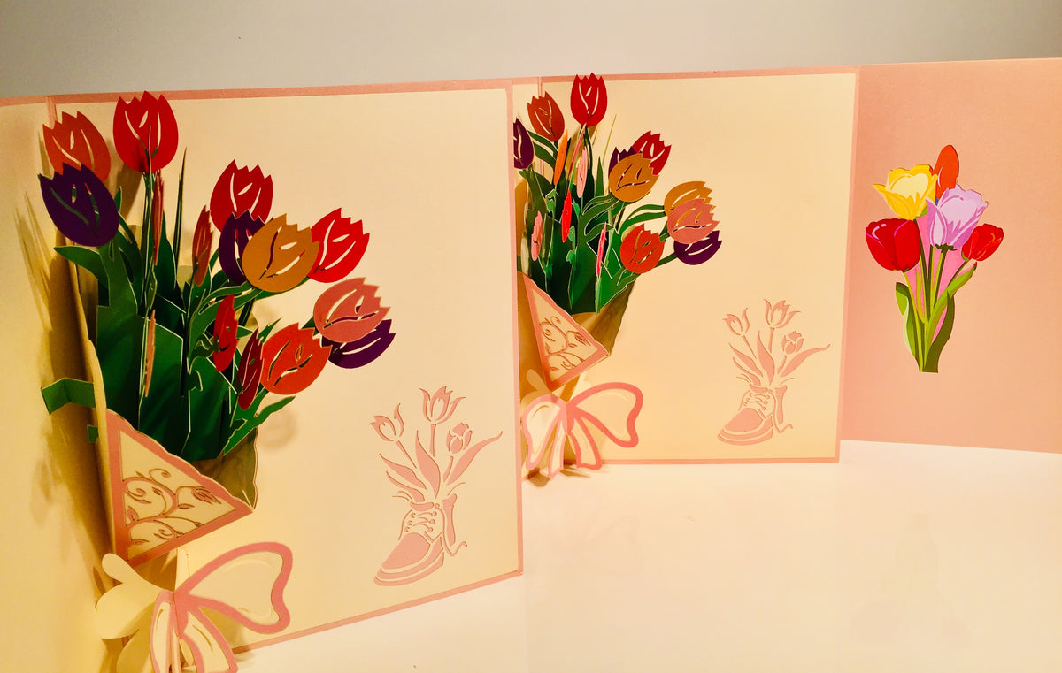Colourful Tulip Bouquet Wrapped in Pink Ribbon Origami Pop Cards 3D Pop Up Greeting Card Happy Birthday Thank You Handmade Gift Thinking of You Blank Card for Any Occasion Happy Mother's Day Happy Father's Australiana Celebrate and Romantic